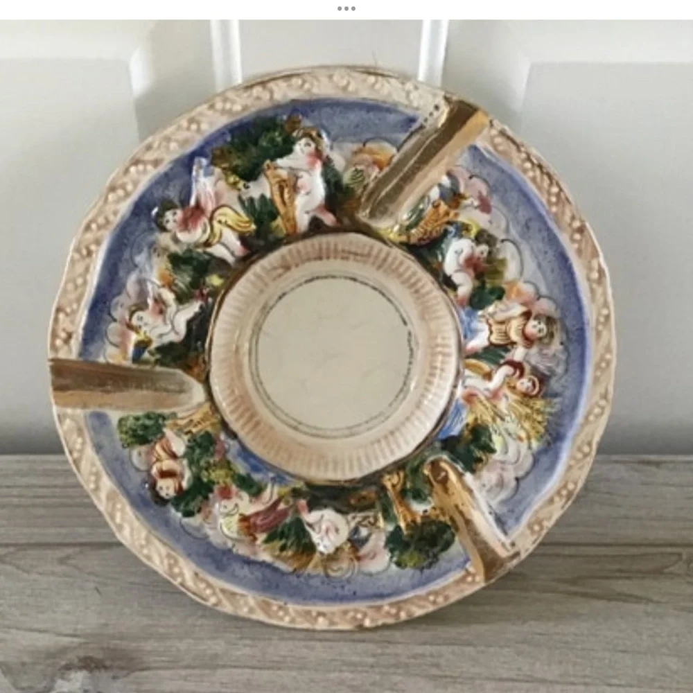 Vintage Capodimonte Italian Ashtray Cherubs Angels Hand Painted Porcelain 3D